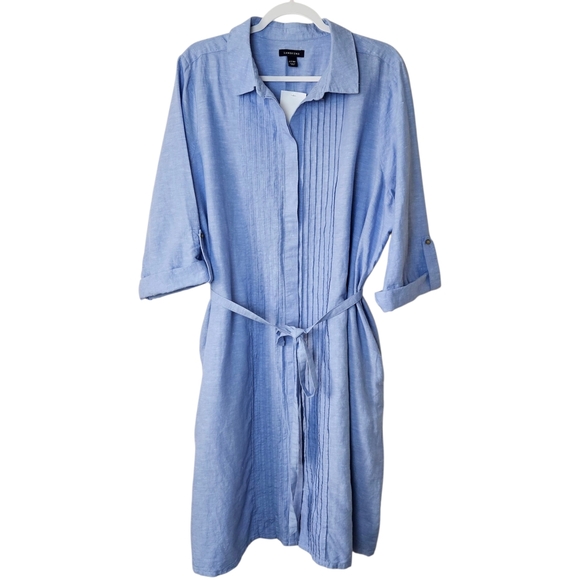 Lands End Linen Blend Shirt Dress Womens 22W Chambray Blue Belted - Picture 1 of 10